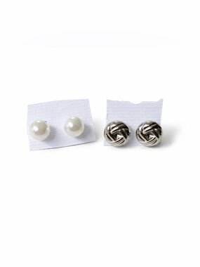 Silver Knot Stud Earrings & Classic Pearl Stud Set Minimalist Chic Bundle